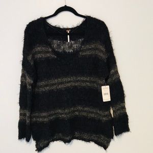 Free People NWT Fuzzy V neck Black Sweater